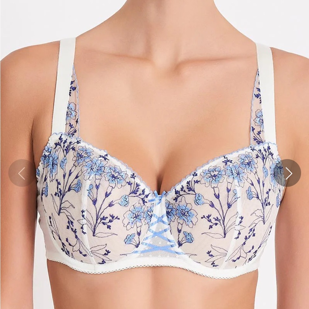 Aubade Balconette Blue and White Floral Bra, Size 34G